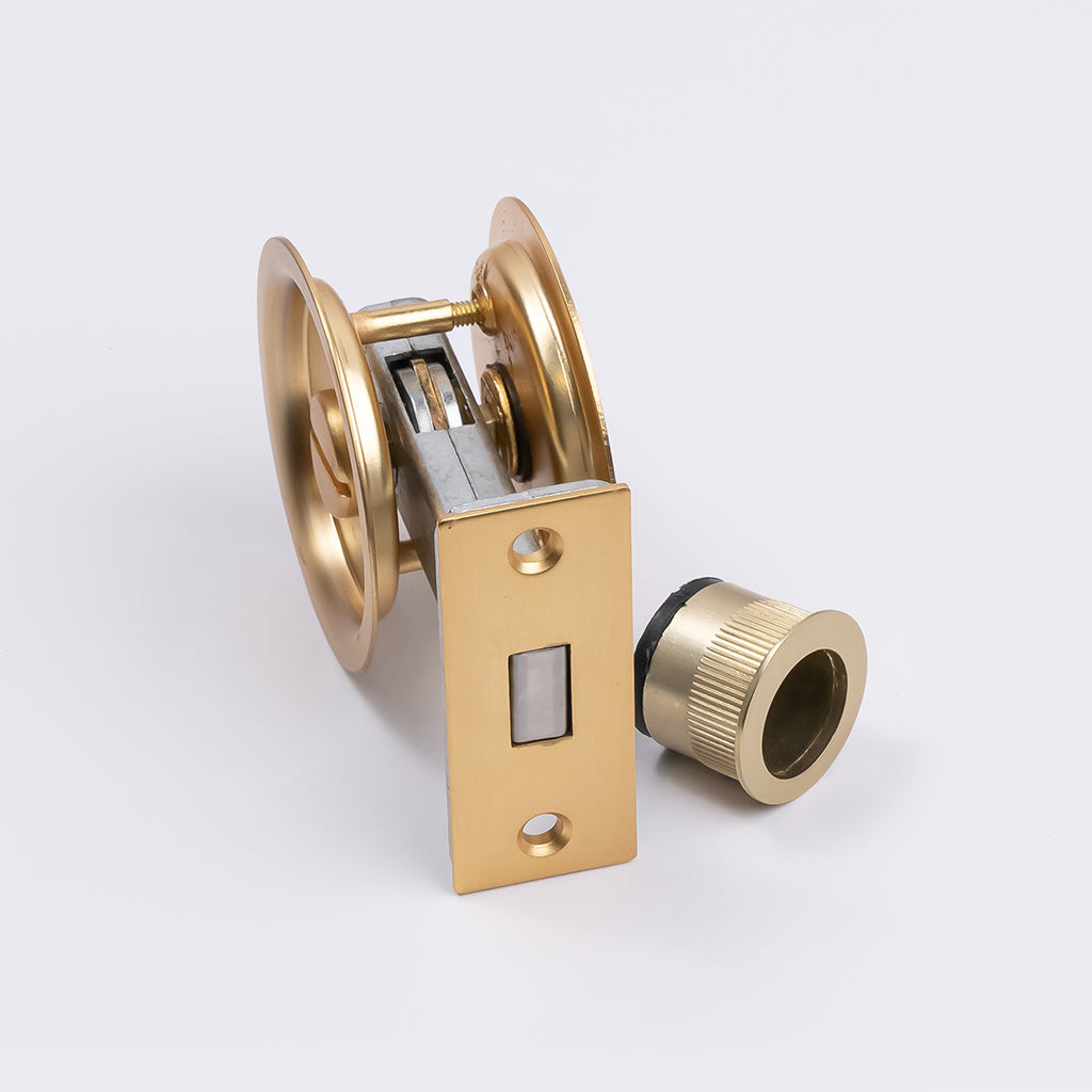 Satin Brass Round Sliding Cavity Privacy Lock - Manovella