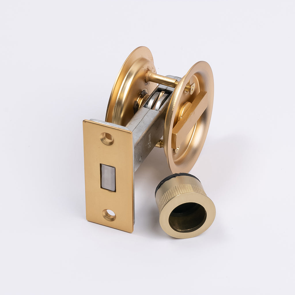 Satin Brass Round Sliding Cavity Privacy Lock - Manovella