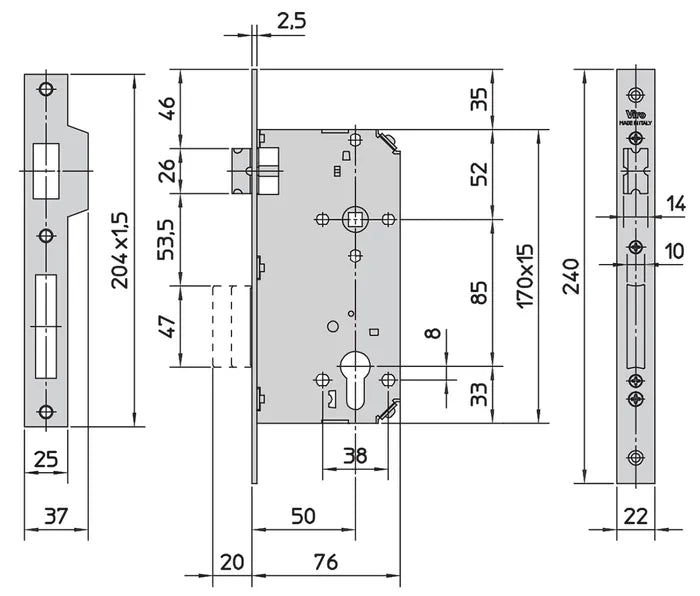 VIRO Euro Mortice Lock (50mm B/Set) - Double Throw