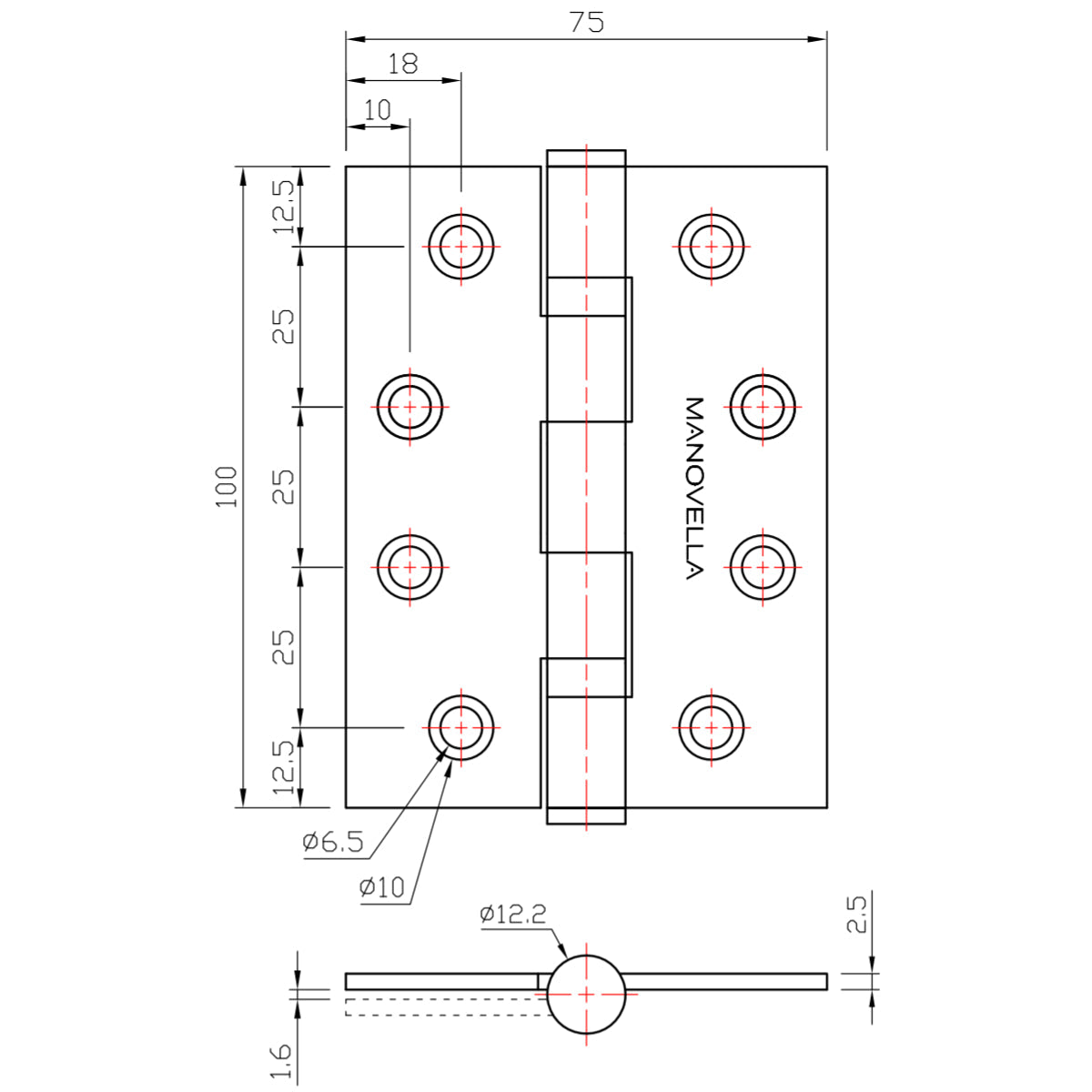 Measurements and specification of Manovella 100mm x 75mm Ball Bearing Hinge in Satin Brass finish